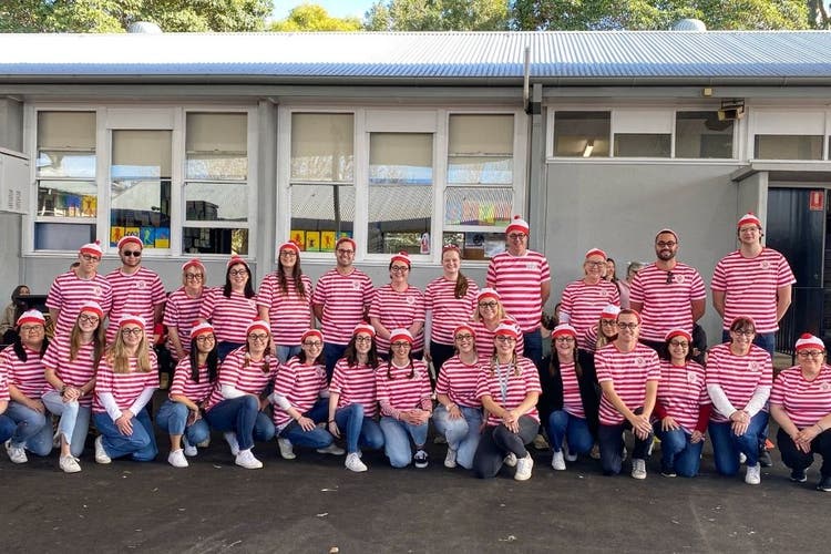 Teachers dressed as Where’s Wally characters for Book Week celebrations.