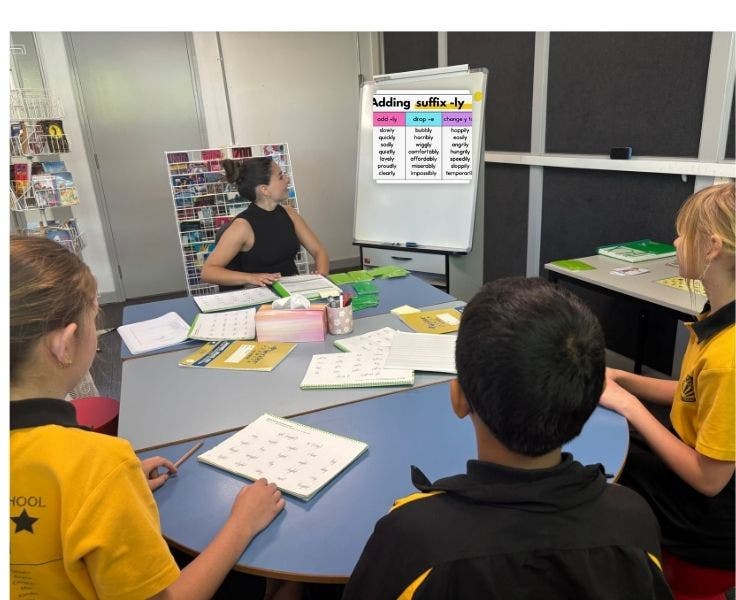 Teacher leading a small group session with students all looking at the whiteboard.